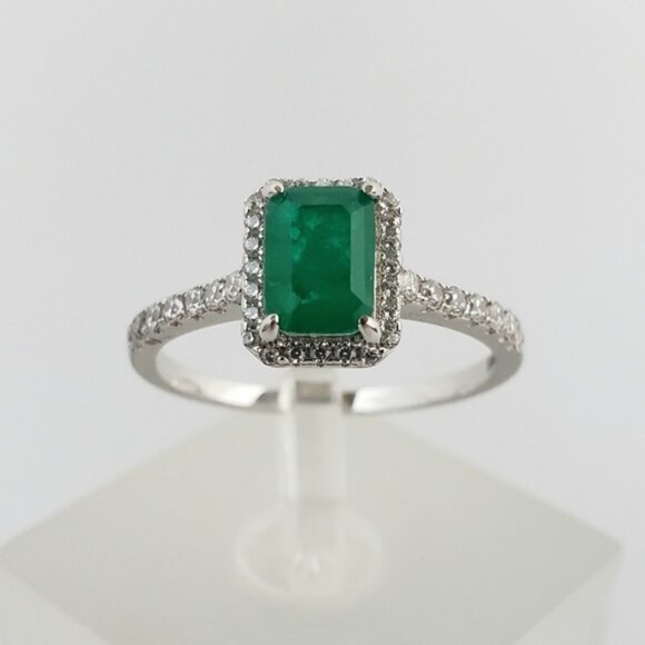Sterling Natural 1ct Emerald and Diamonds Ring - Picture 1 of 8